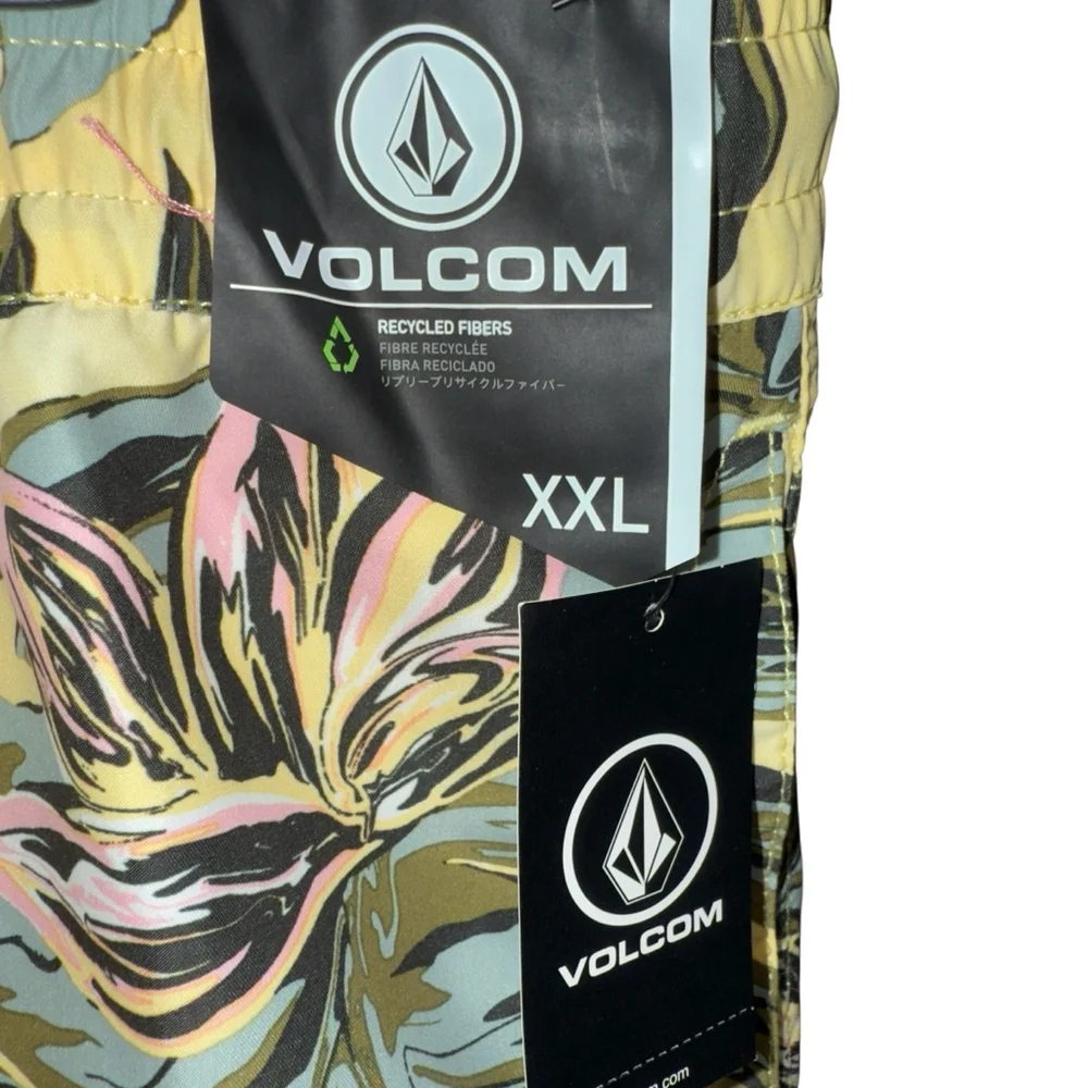 Volcom Mens 2XL Surf Board Shorts‎ Swim Trunks Palm Dawn Yellow Elastic Waist
